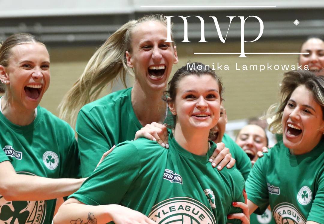 2 The Volley Lovers Female volleyball players in green shirts celebrate a victory, embracing on a gym court with 'Champions 2026' logos on their jerseys.