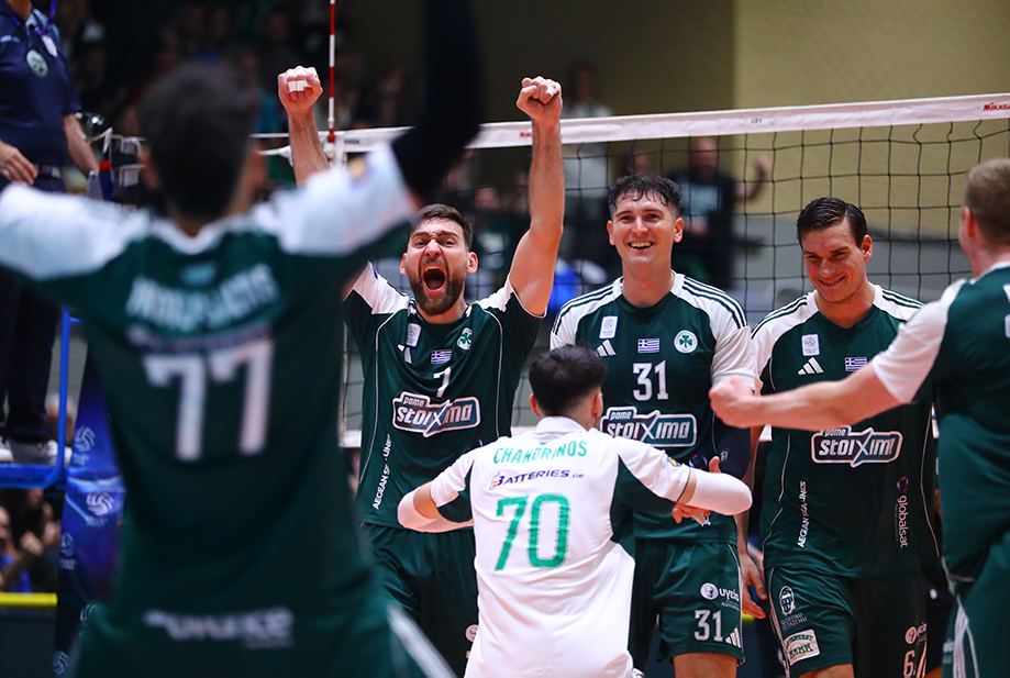 514421900 The Volley Lovers Volleyball players in green jerseys celebrate with raised arms at the net after scoring a point.