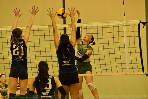 Indoor girls' volleyball game: two blue-jersey blockers and one blue-jersey defender attempt to block a spike from a green-uniform attacker at the net.