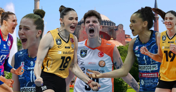 Group of female athletes in colorful uniforms celebrating with fists raised, sports competition montage set against a historic city backdrop.