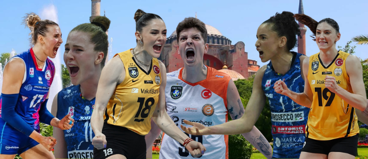 Ανώνυμο σχέδιο0 The Volley Lovers Group of female athletes in colorful uniforms celebrating with fists raised, sports competition montage set against a historic city backdrop.