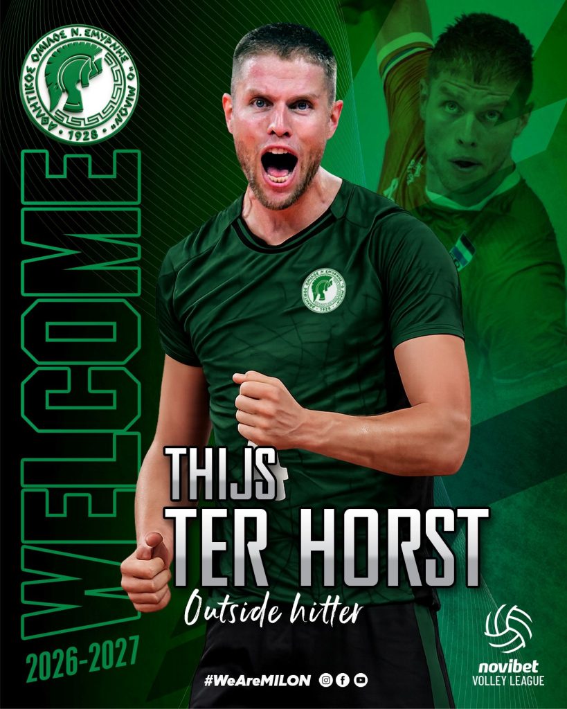 Poster featuring a green-jersey volleyball player shouting in celebration, with team crest and 'Outside hitter' caption for the 2026–2027 Milon volleyball season.