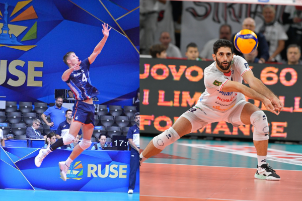 Split-image of a men's volleyball scene: left side shows a blue-uniform player leaping to spike, right side shows a white-uniform player diving to receive the ball on court