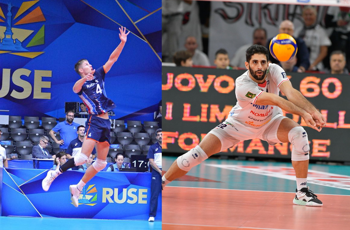 Split-image of a men's volleyball scene: left side shows a blue-uniform player leaping to spike, right side shows a white-uniform player diving to receive the ball on court