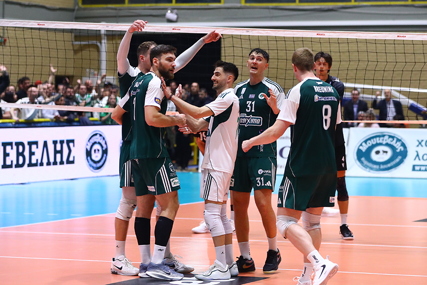 Volleyball team in green uniforms celebrates at the net, shaking hands and high-fiving on a bright indoor court with spectators in the background.