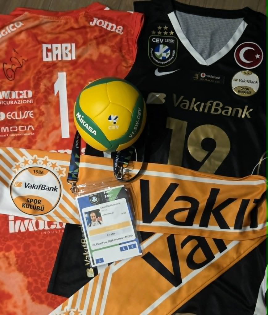 Red signed volleyball jersey (number 1) beside a yellow volleyball and a black jersey with the Turkish flag patch and sponsor logos.