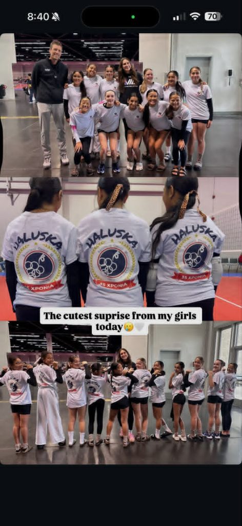 Collage of a girls' team posing in a gym in matching white shirts; back of shirts shows a HALUSKA logo and team emblem.