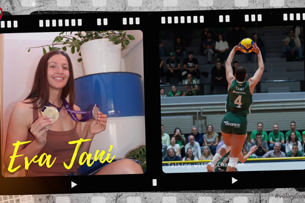 Film-strip collage: Eva Tani with medals on the left, a volleyball player jumping to hit a ball on the right; captions read 'Eva Tani' and 'Talking with a Champion'.