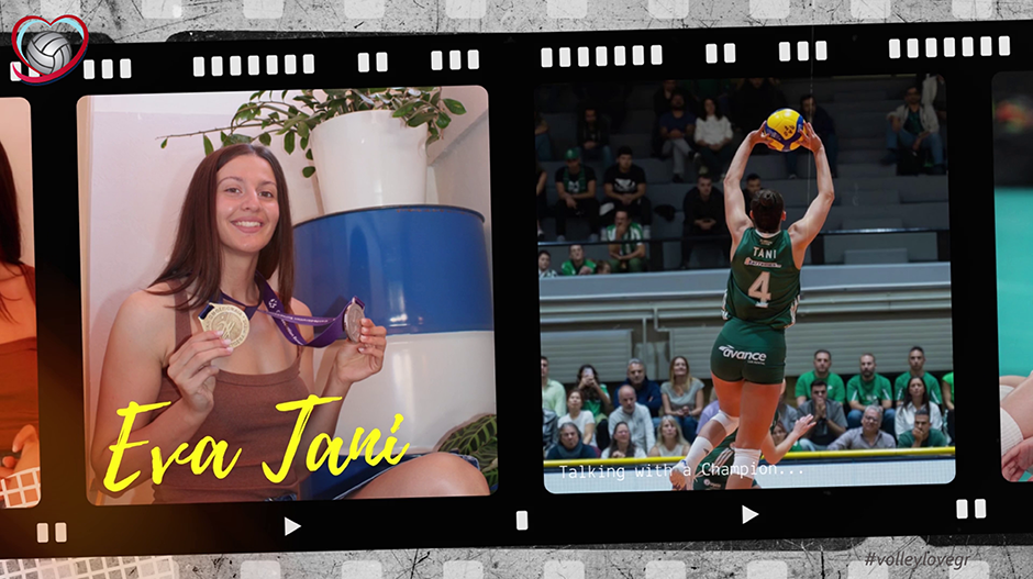 Film-strip collage: Eva Tani with medals on the left, a volleyball player jumping to hit a ball on the right; captions read 'Eva Tani' and 'Talking with a Champion'.