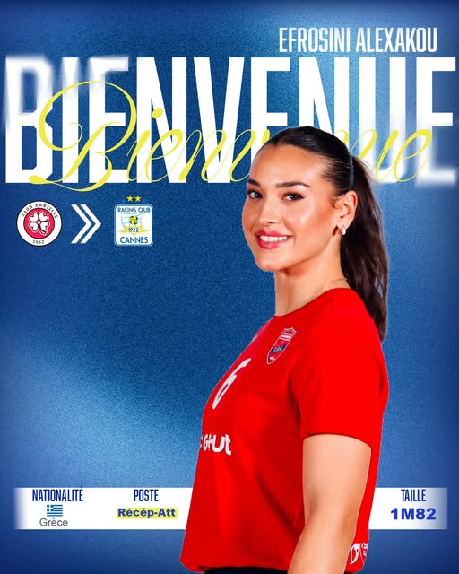 Portrait of a smiling female footballer in a red jersey posing against a blue backdrop with large white text behind her, conveying a welcome-themed poster.