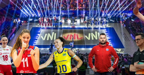 Collage of volleyball players in action with a stadium and crowd in the background, preparing for a match.
