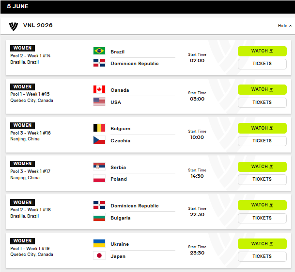 image The Volley Lovers VNL 2026 Women’s pool match schedule: Brazil–Dominican Republic in Brasília 02:00; Canada–USA in Québec City 03:00; Belgium–Czech Republic in Nanjing 10:00; Serbia–Poland in Nanjing 14:30; Dominican Republic–Bulgaria in Brasília 22:30; Ukraine–Japan in Québec City 23:30, with Watch and Tickets buttons.