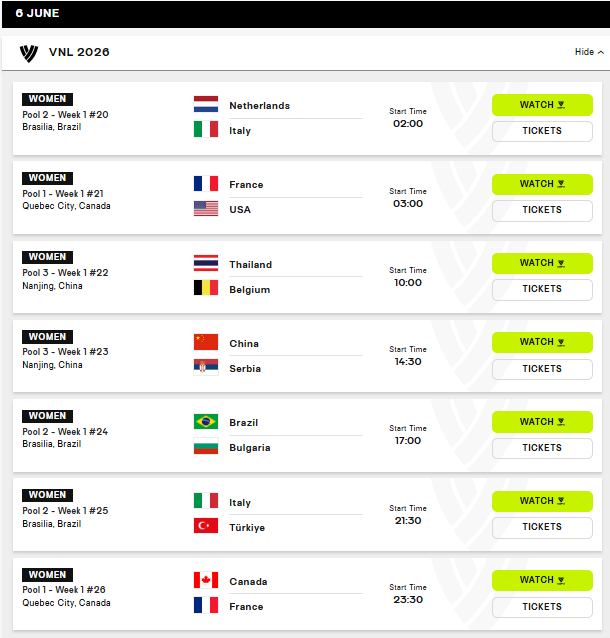 image The Volley Lovers VNL 2026: Women's Pool 2 schedule with seven fixtures, showing teams, host cities, start times, and Watch/Tickets actions