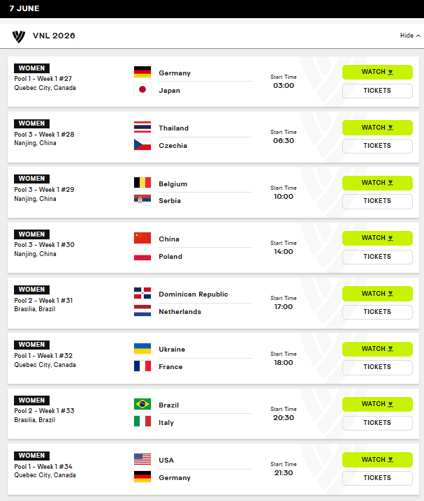 image The Volley Lovers VNL 2026 Women’s Pool 1 schedule in Quebec City, Canada, listing eight matchups with start times and action buttons (Watch and Tickets).