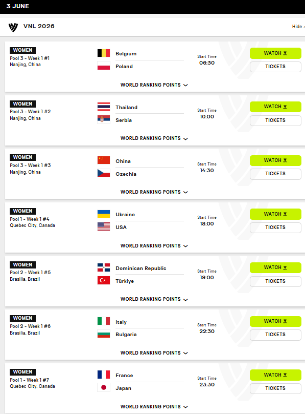 image The Volley Lovers VNL 2026 Women’s schedule: Pool 3 and Pool 2 matchups with start times and action buttons (Watch/Tickets).