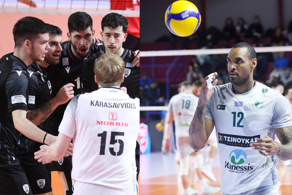 Split image: left side shows black-uniform volleyball players in a huddle around a white-jersey teammate wearing No.15; right side shows a white-jersey player No.12 preparing to serve a yellow-blue volleyball.