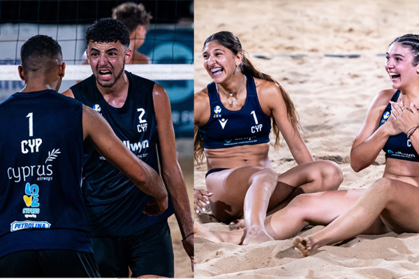 Split-screen shot of a Cyprus beach volleyball team: two men in dark jerseys on the left, and two women in navy uniforms laughing on the sand on the right, celebrating or resting between play.