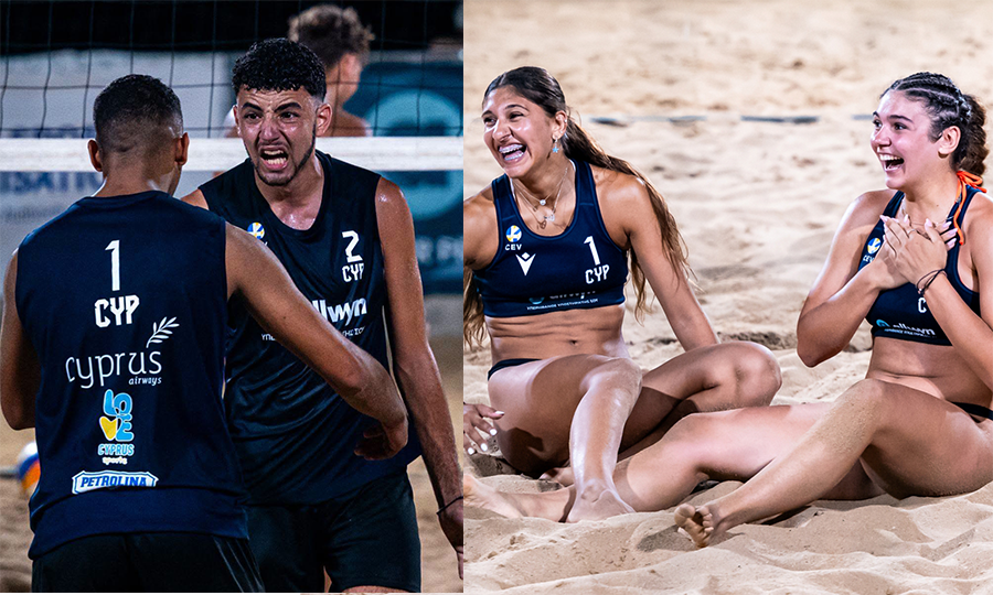 cy The Volley Lovers Split-screen shot of a Cyprus beach volleyball team: two men in dark jerseys on the left, and two women in navy uniforms laughing on the sand on the right, celebrating or resting between play.