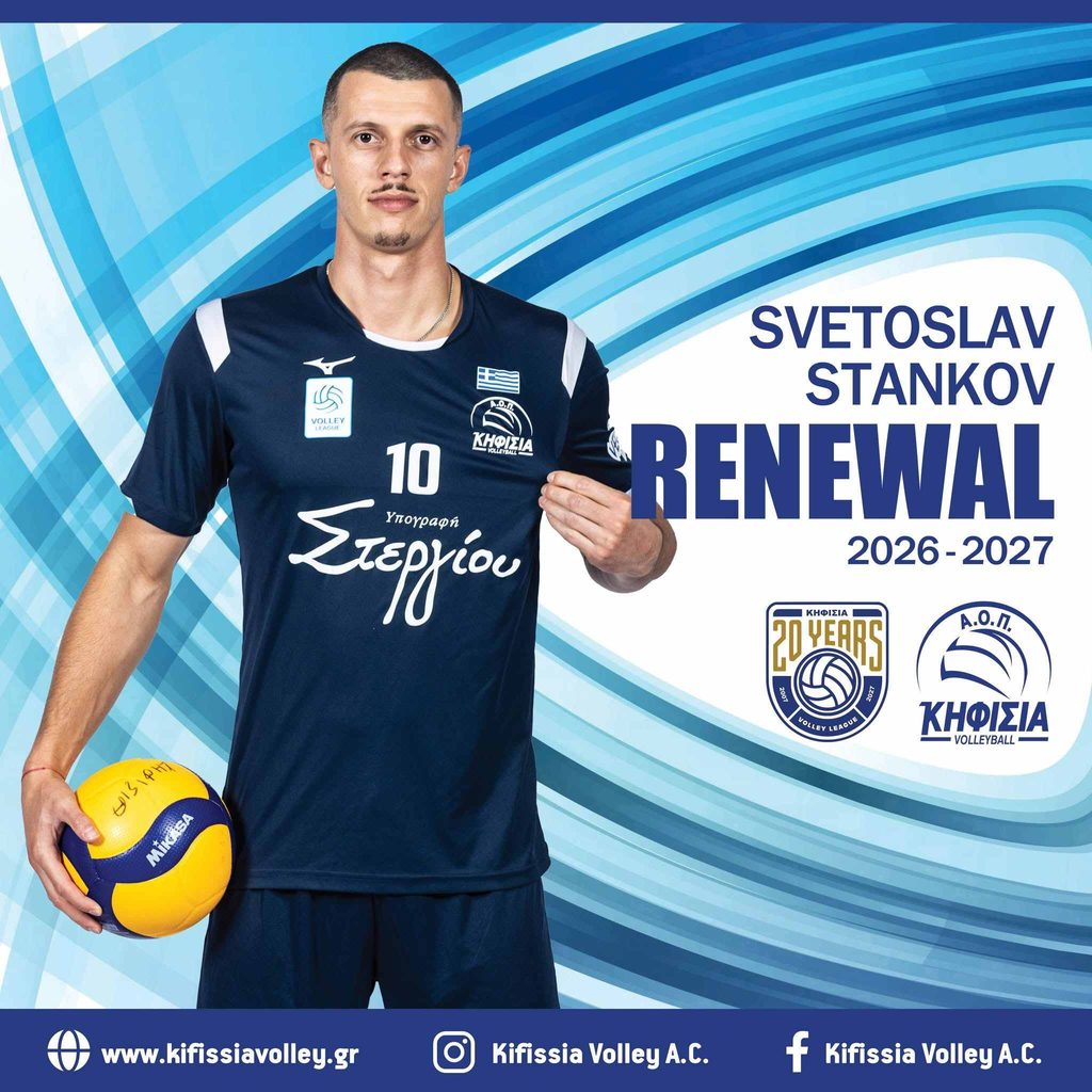 Portrait of volleyball player Svetoslav Stankov holding a yellow and blue Mikasa ball, with a blue patterned background and promotional social handles at the bottom.