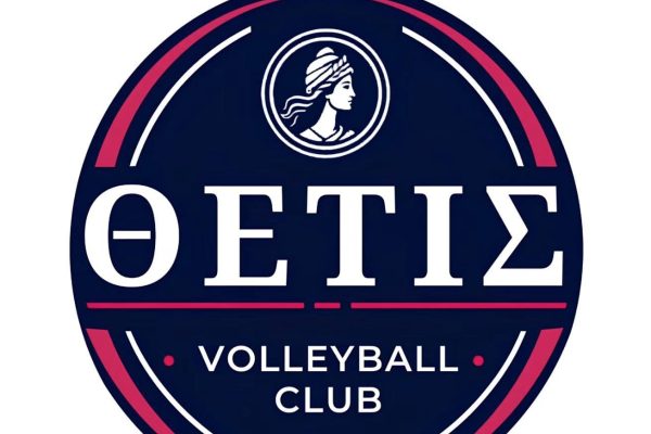 Circular logo for ΘΕΤΙΣ Volleyball Club featuring white Greek letters on a navy background, a small profile silhouette in a circle at the top, and pink accent stripes.