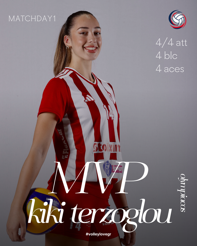 10 The Volley Lovers Smiling female volleyball player in a red-and-white striped jersey, holding a volleyball; MVP Kiki Terzoglou on a magazine cover.