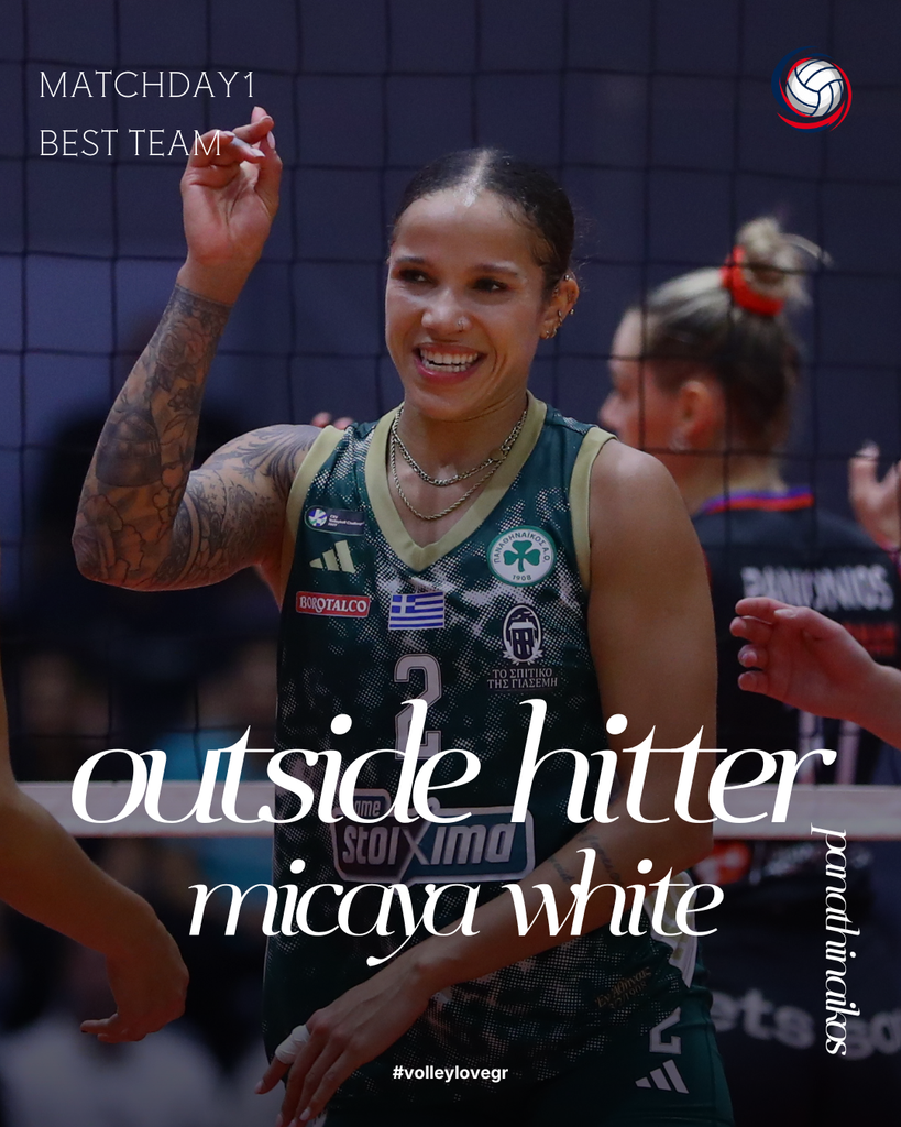 14 The Volley Lovers Smiling volleyball player with tattoos raising a fist on court, text overlay about 'outside hitter Micaya White' and hashtag #volleylovegr in foreground.